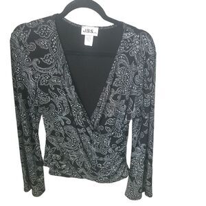 J.B.S Ltd Womens Sz L Black Silver Floral Long Sleeve Blouse